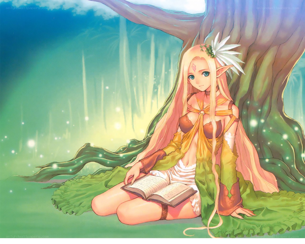 elf girl reading in forest