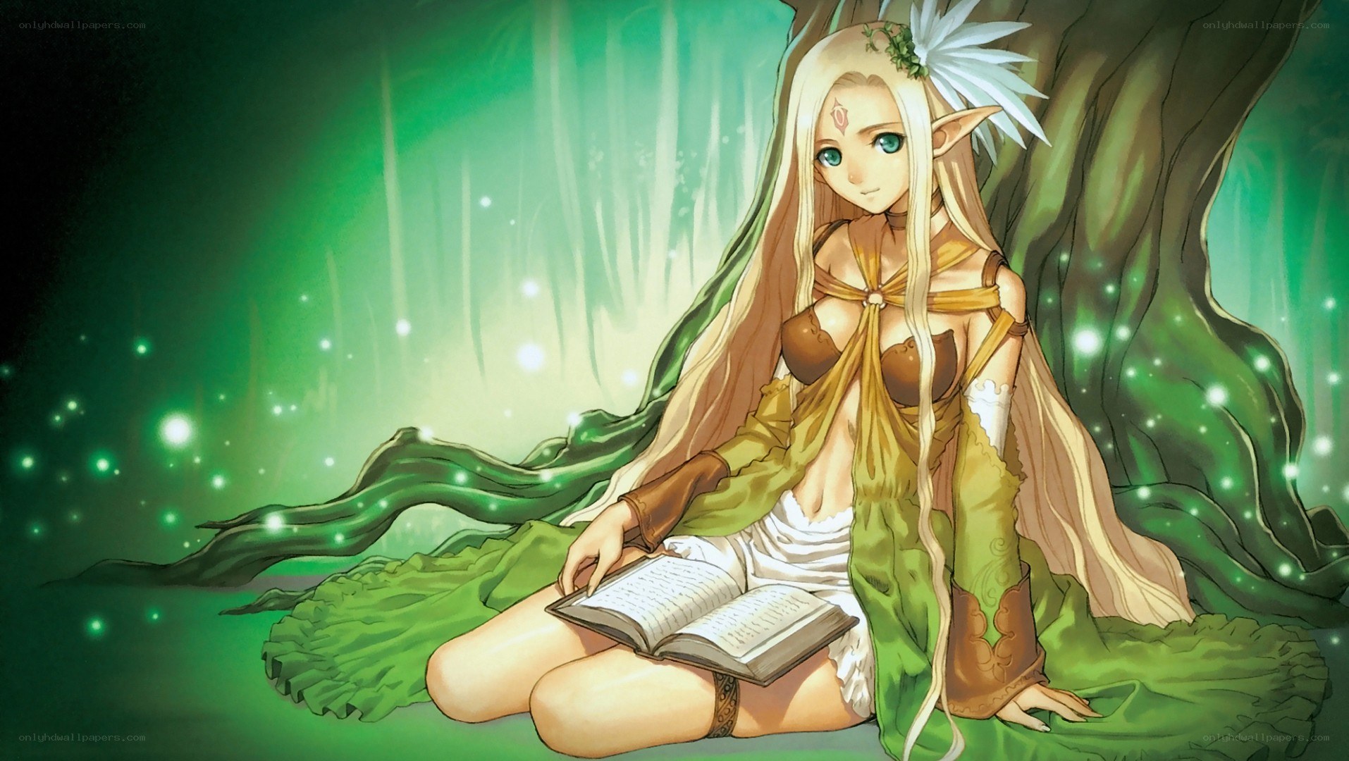 elf girl reading in forest