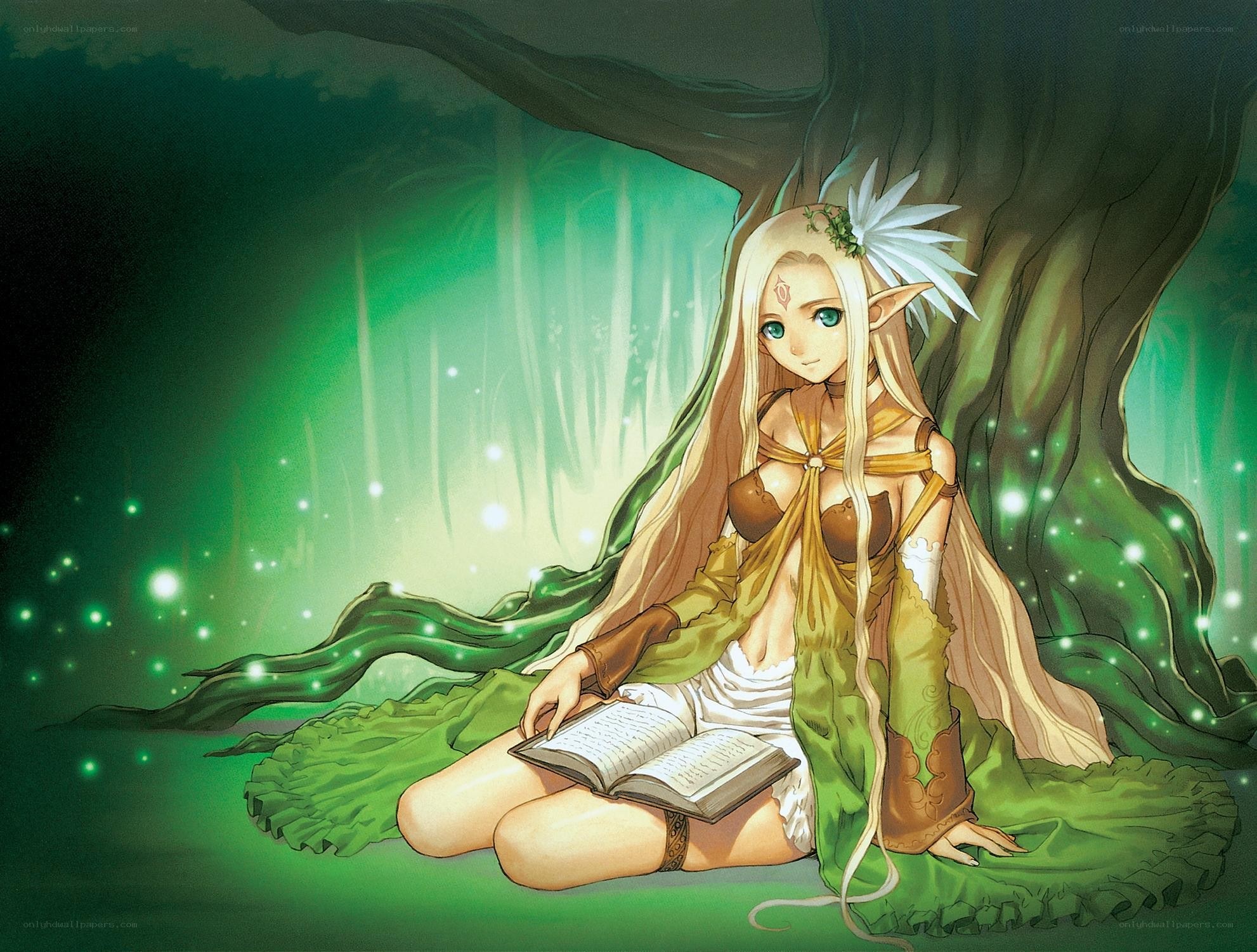 elf girl reading in forest