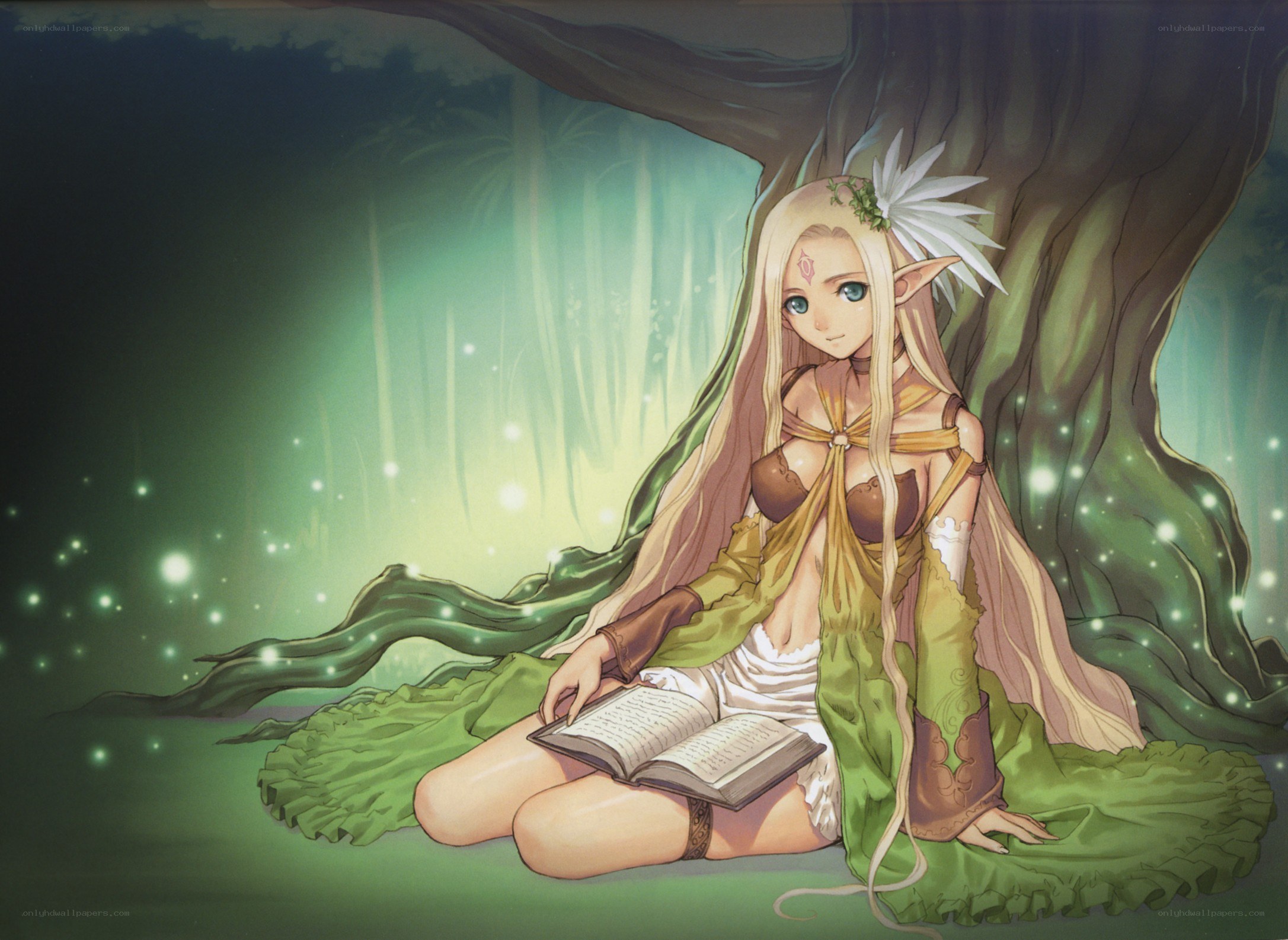 elf girl reading in forest