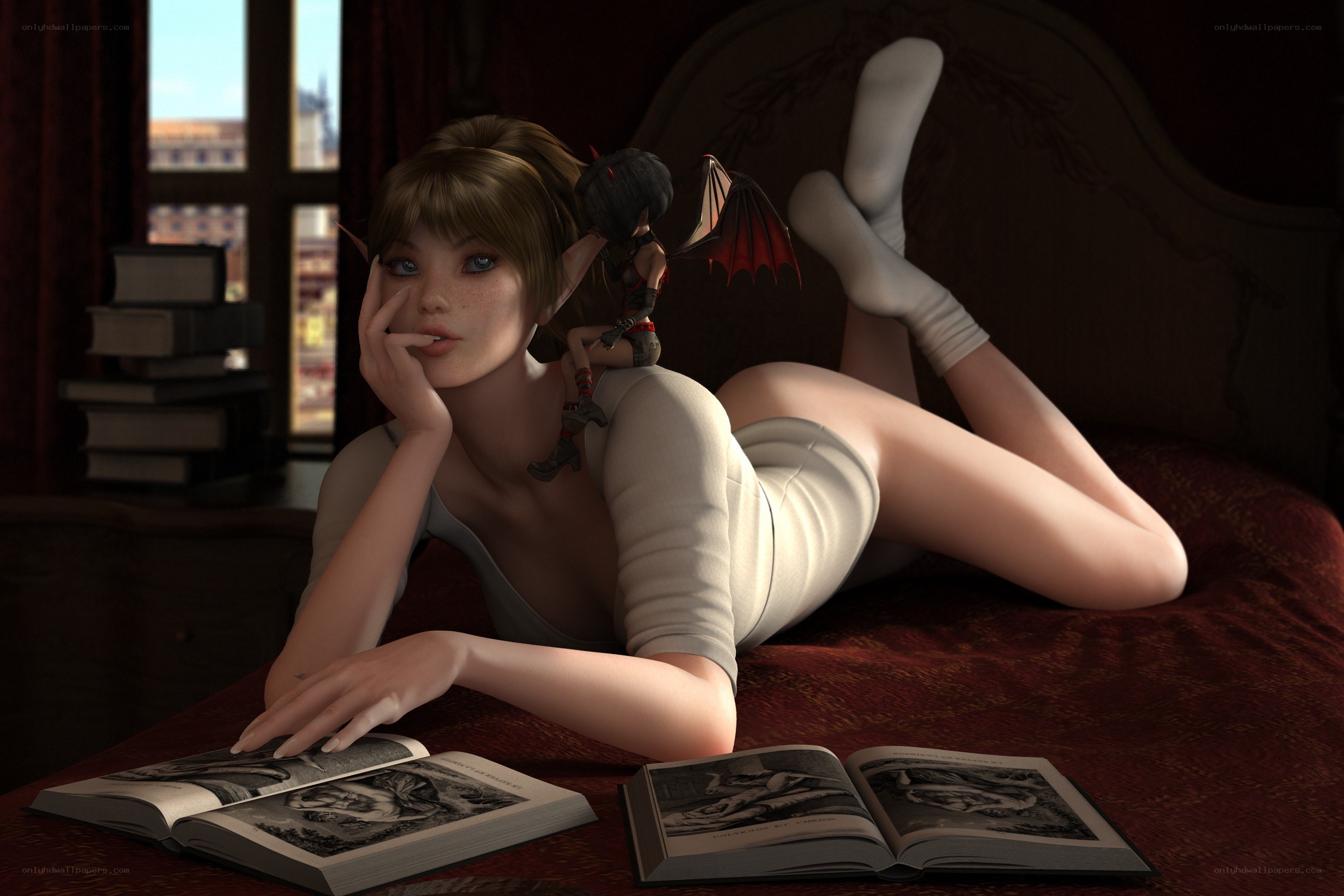 elf girl reading on bed