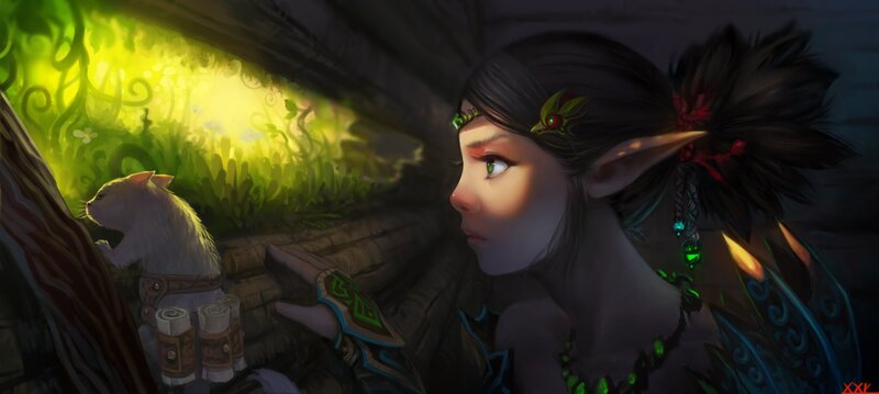 Elf Girl with Cat — Green