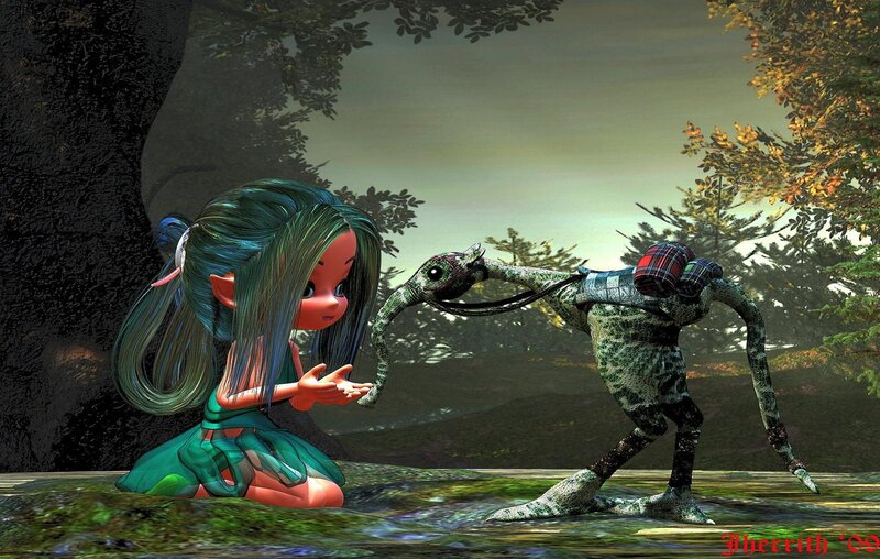 elf girl with creature in forest