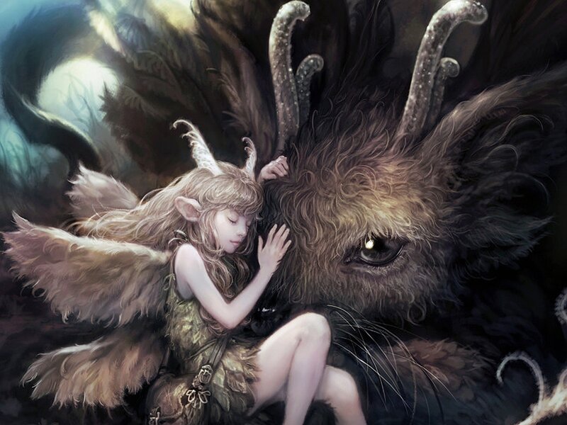 Elf Girl with Dragon — Brown