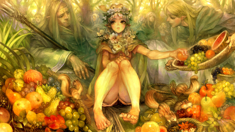 Elf Girl with Flowers — Green, Serene, Afternoon, Digital Art