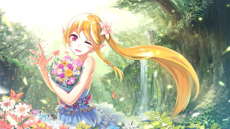 Elf Girl with Flowers — Green, Serene, Morning, Anime