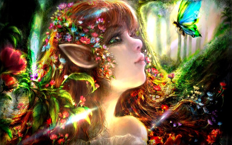Elf Girl with Flowers — Green, Serene, Morning