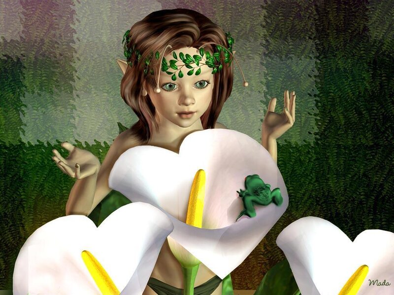 elf girl with frogs and flowers