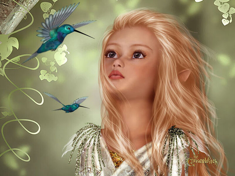 Elf Girl with Hummingbirds