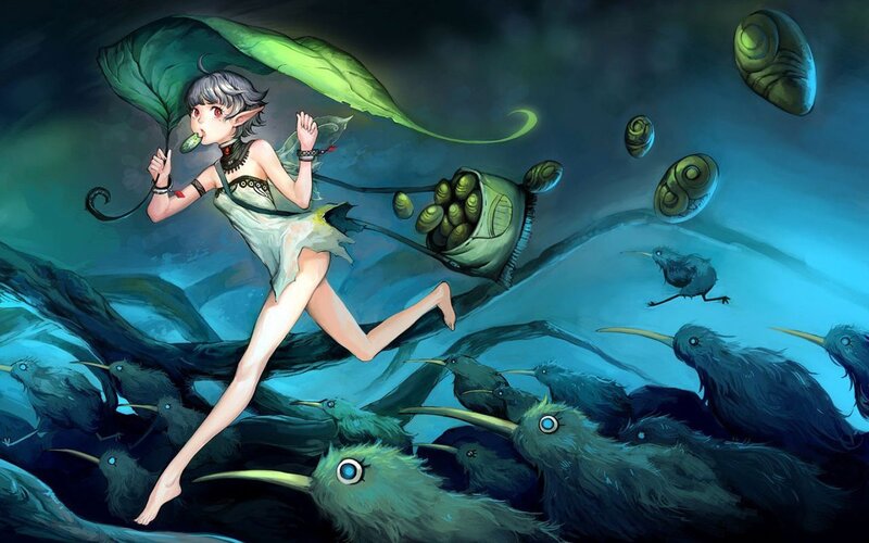 elf girl with leaf umbrella