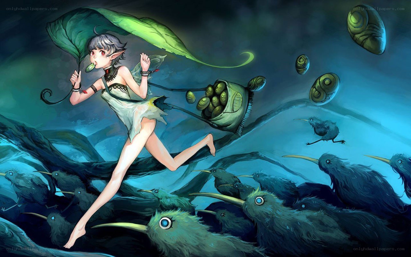 elf girl with leaf umbrella