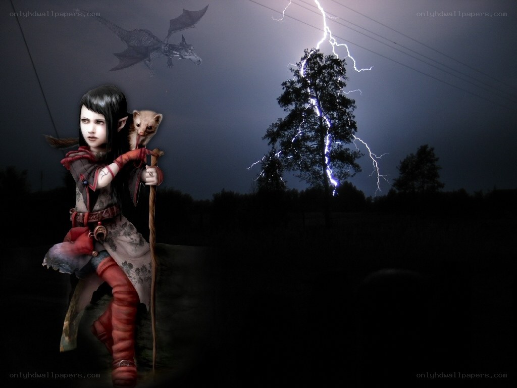 elf girl with staff in storm