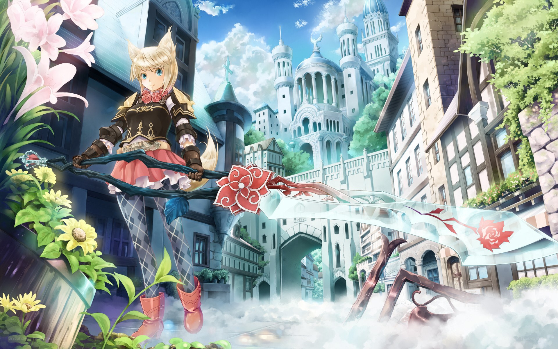 elf girl with sword in town