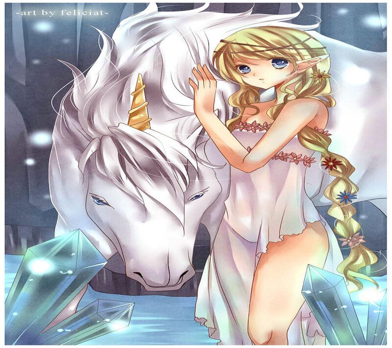 Elf Girl with Unicorn — White