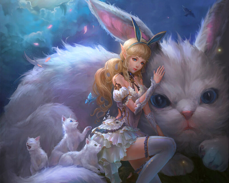 Elf Girl with White Cats
