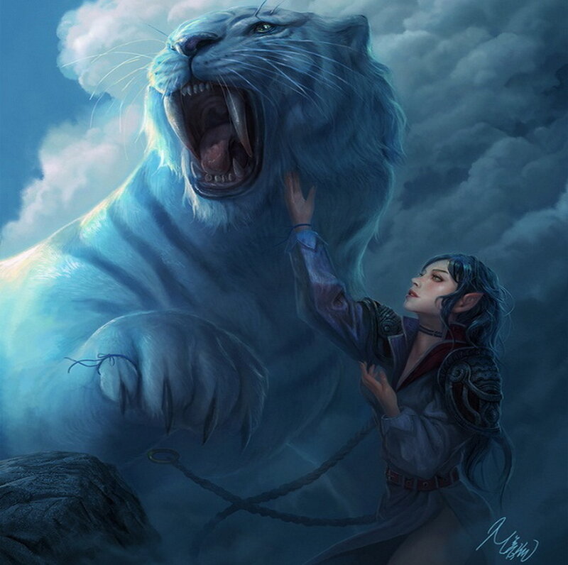 Elf Girl with White Tiger