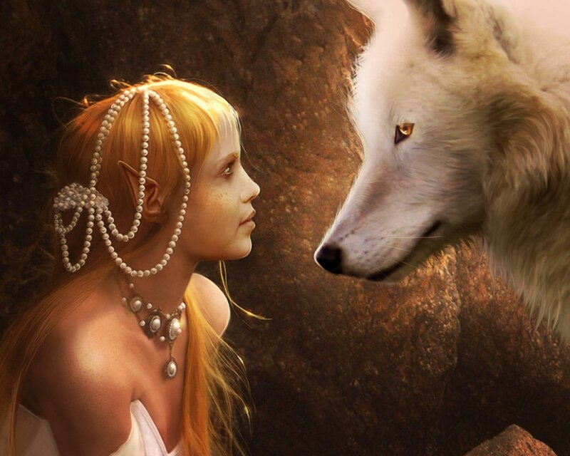Elf Girl with White Wolf — Serene