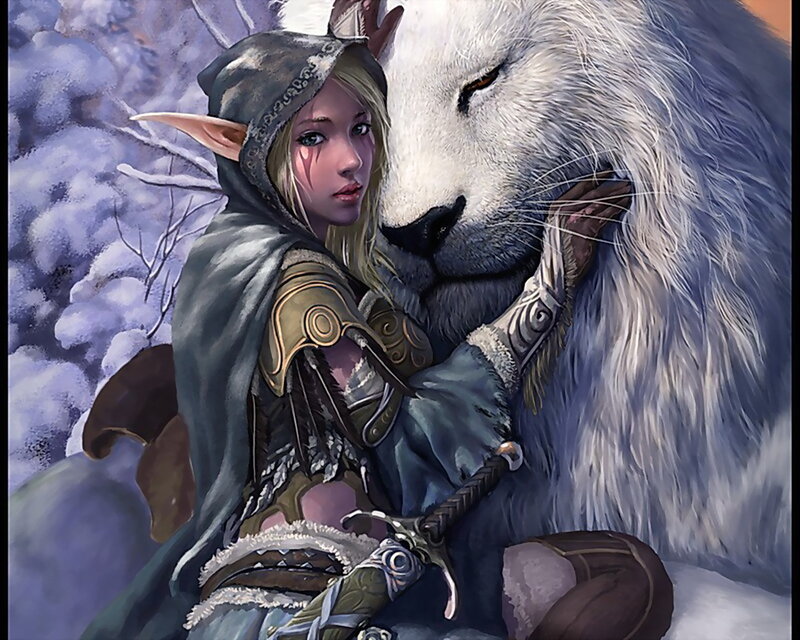 Elf Girl with White Wolf