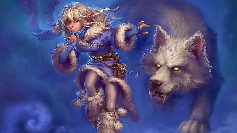Elf Girl with Wolf — Blue, Dramatic, Night, Digital Art