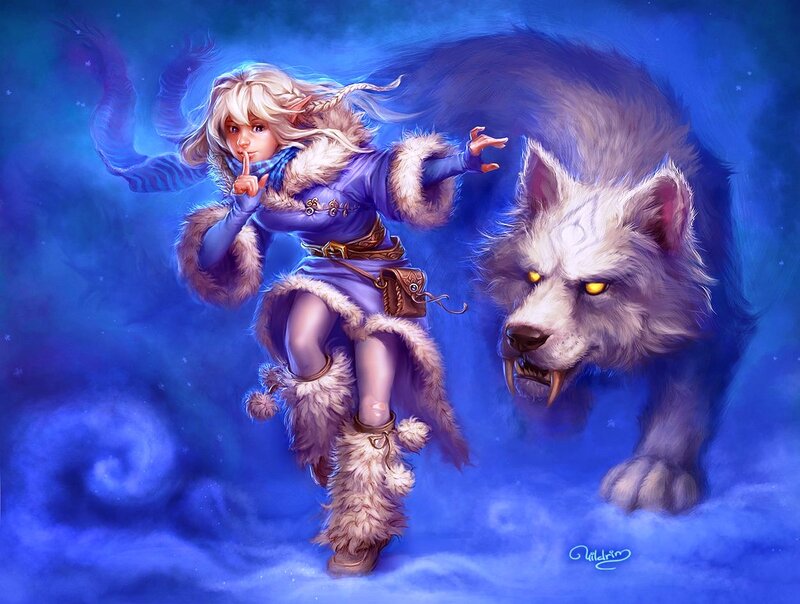 Elf Girl with Wolf — Blue, Dramatic