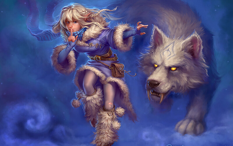 Elf Girl with Wolf — Blue