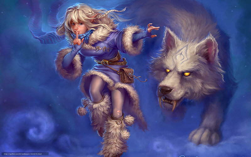 elf girl with wolf companion