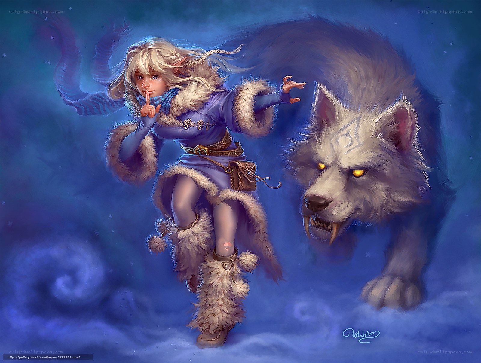 elf girl with wolf companion