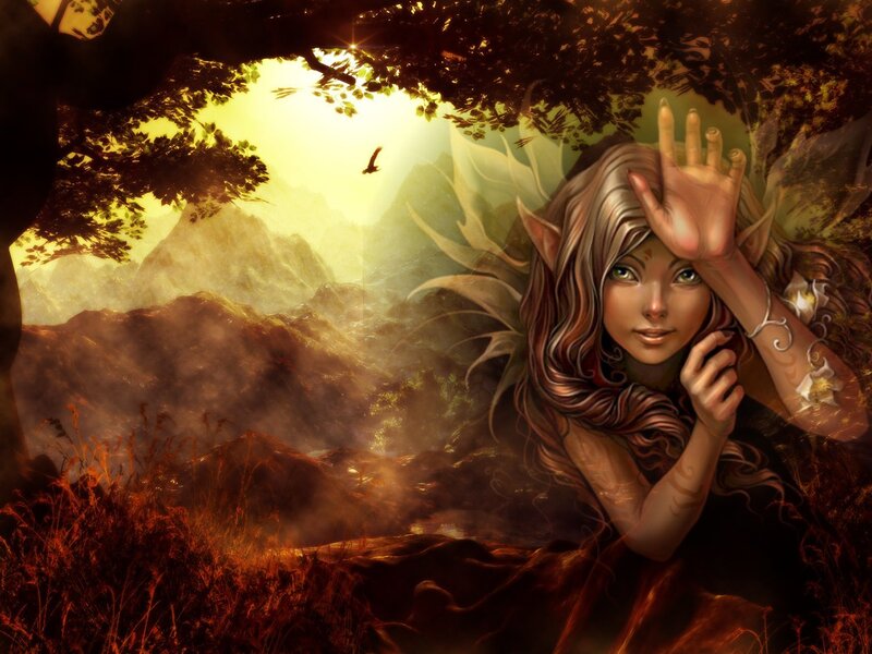 elf in forest at sunset