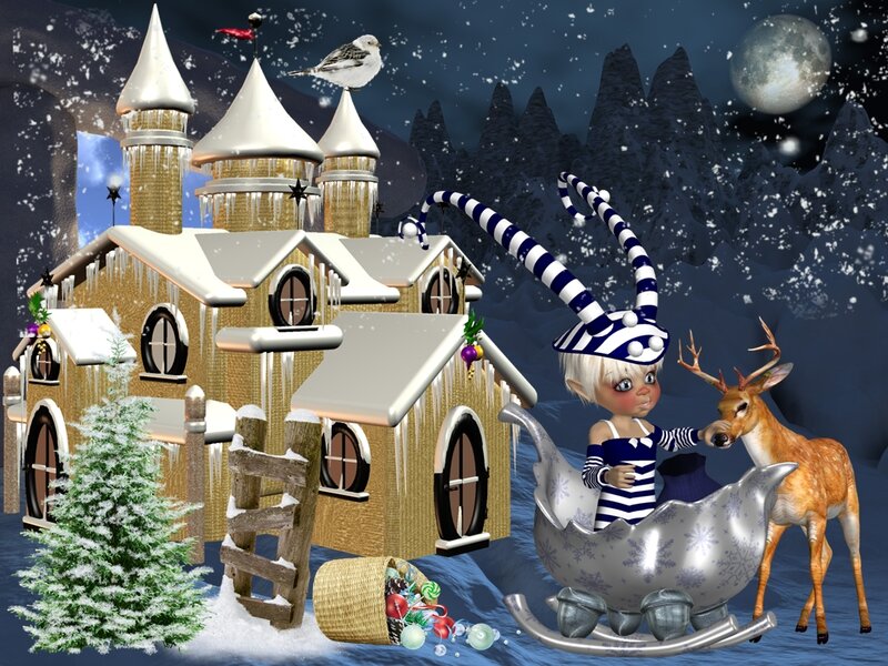 Elf in Sleigh with Reindeer