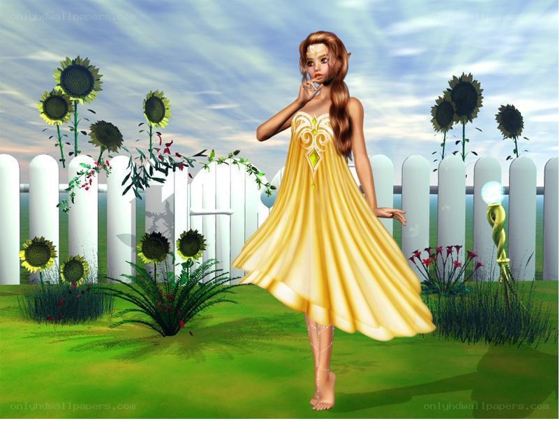 elf in yellow dress garden