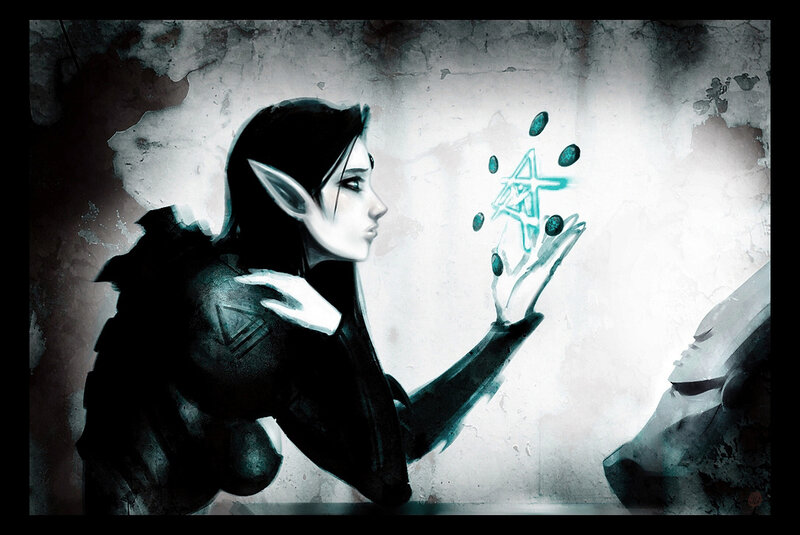 Elf-like Character Casting Spell — Black, Dramatic