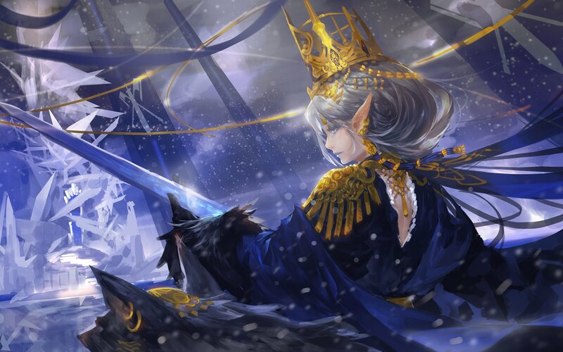 Elf-like Character with Sword — Blue, Dramatic, Night, Digital Art