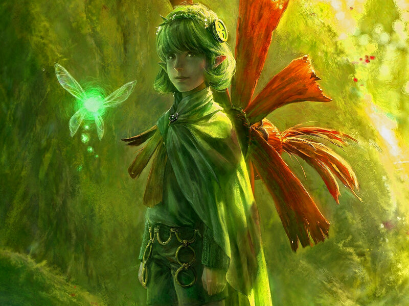 Elf-like Character with Wings — Green, Serene, Afternoon