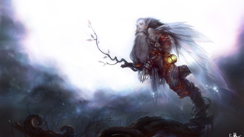 Elf-like Figure with Wings — White, Dramatic, Digital Art, Branch, Clouds