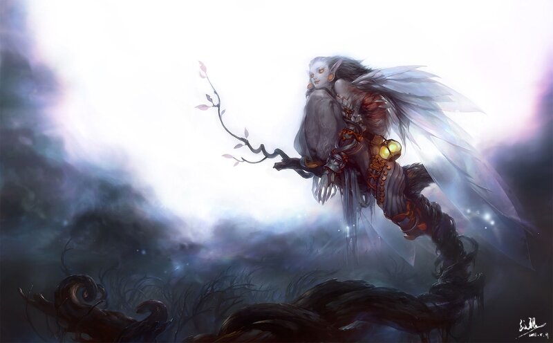 Elf-like Figure with Wings — White, Dramatic, Digital Art, Branch