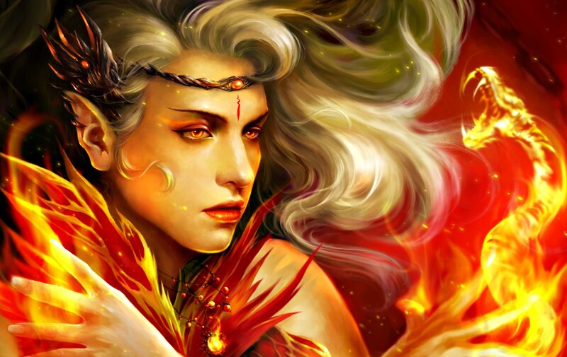 Elf-like Woman with Fire — Red