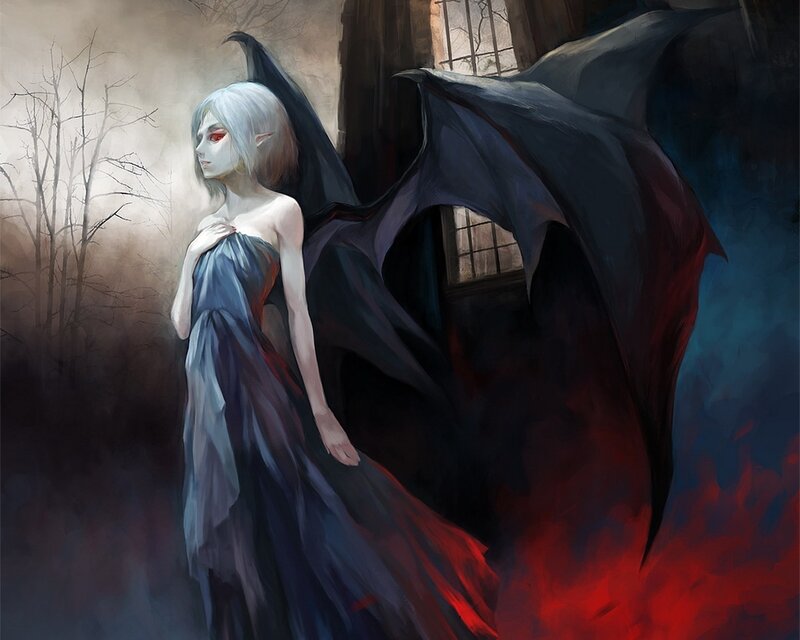 Elf-like Woman with Wings — Black, Dramatic, Night, Digital Art