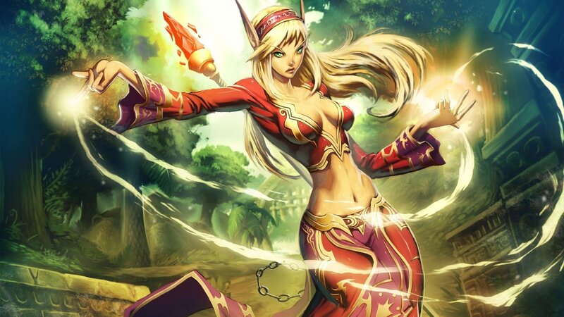 Elf Mage Casting Spell — Red, Dramatic, Afternoon, Digital Art, Forest
