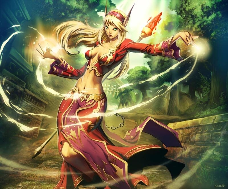 Elf Mage Casting Spell — Red, Dramatic, Afternoon, Digital Art, Magic