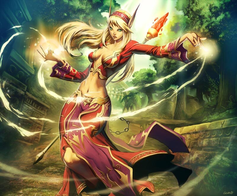 Elf Mage Casting Spell — Red, Dramatic