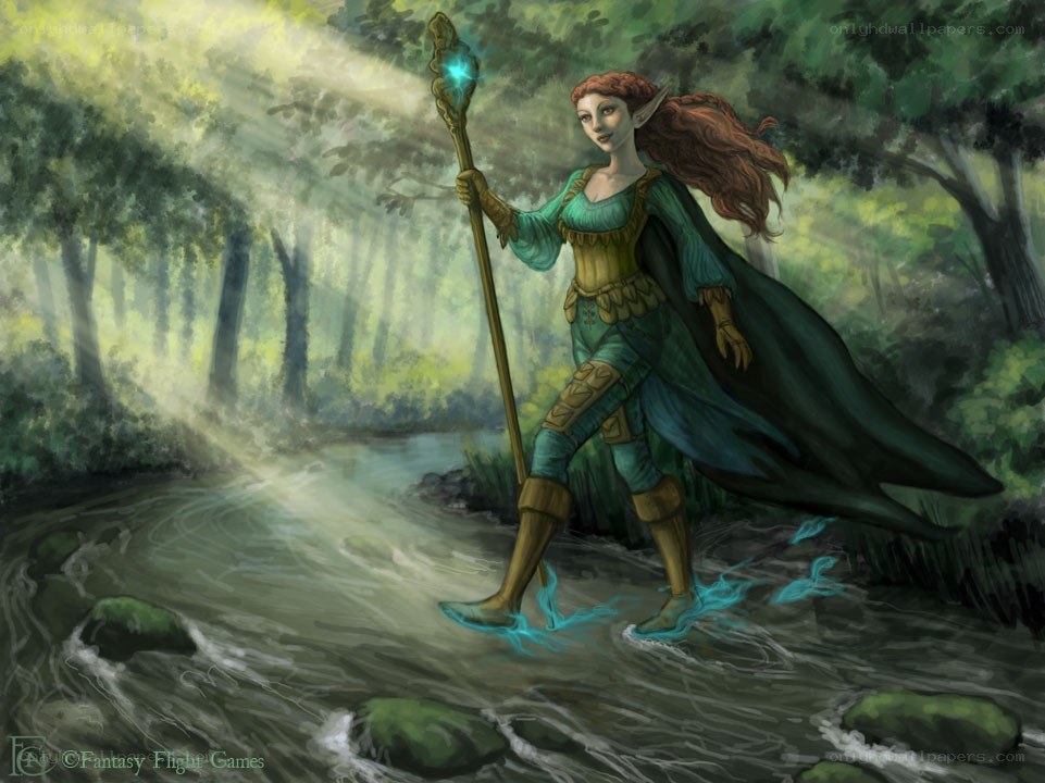 elf mage crossing a stream