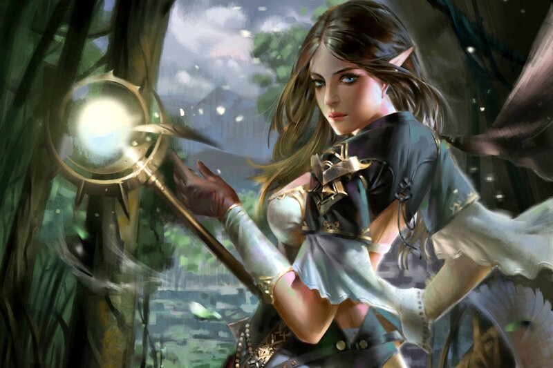 Elf Mage with Staff — Green, Dramatic, Afternoon