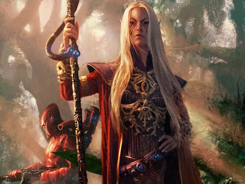 elf mage with staff in forest
