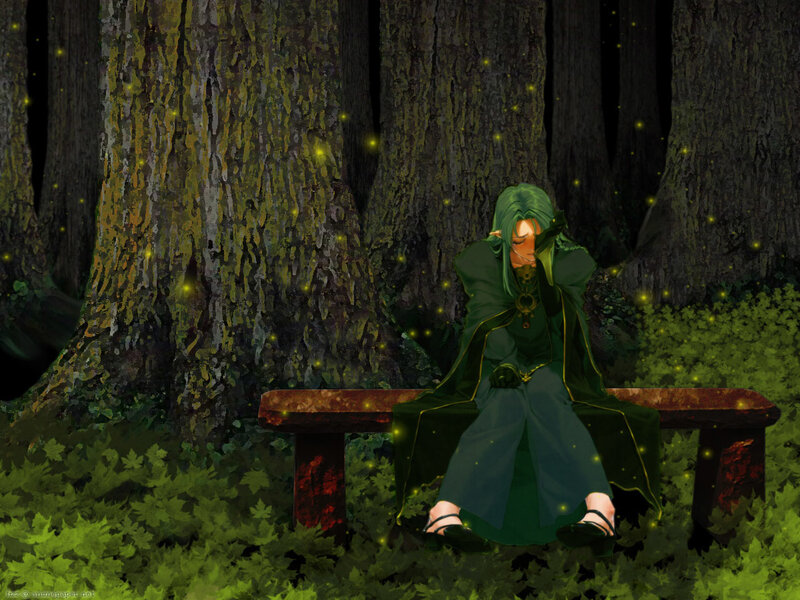 elf on a forest bench