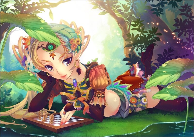 elf playing chess in forest
