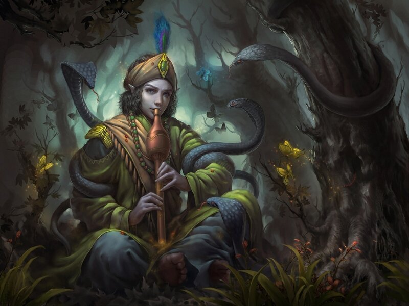 Elf Playing Flute — Green, Mystical
