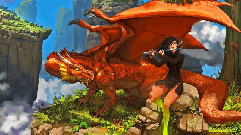 Elf Playing Flute with Dragon — Orange, Dramatic, Afternoon