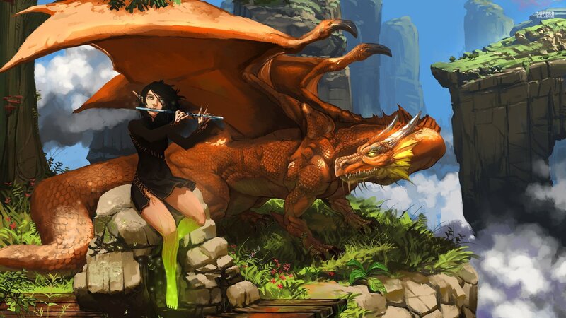 Elf Playing Flute with Dragon — Orange, Dramatic