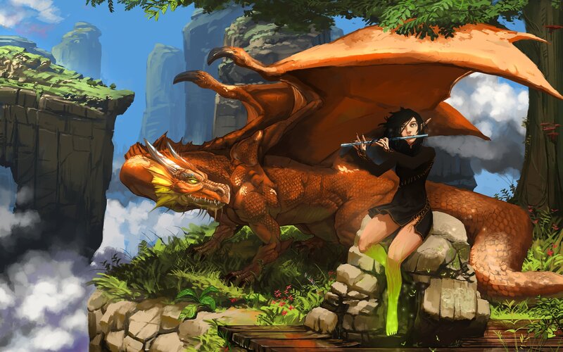 Elf Playing Flute with Dragon — Orange, Serene, Afternoon