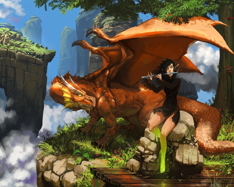 Elf Playing Flute with Dragon — Orange, Serene